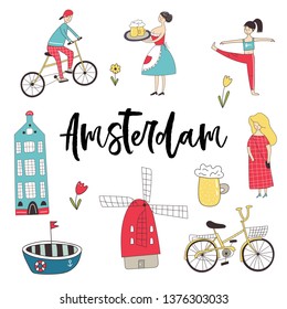 Big set of cure and fun hand drawn elements and sights of Amsterdam. Vector illustration