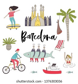 Big set of cure and fun hand drawn elements and sights of Barcelona. Vector illustration