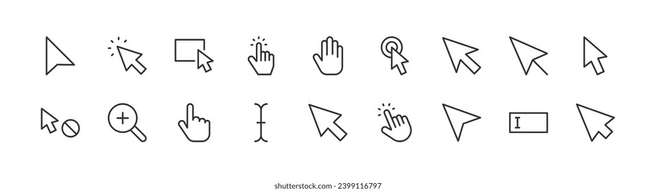 Big set of cursor line icons. Vector illustration isolated on a white background. Premium quality symbols. Stroke vector icons for concept or web graphics. Simple thin line signs.