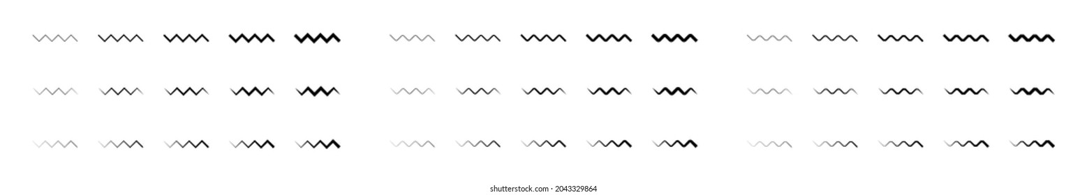 Big set of curvy wiggly wavy zig zag horizontal lines.Curvy lines big collection. Horizontal wave lines isolated icons set. Zig zag wiggly lines. Design element. Line art. Vector graphic. EPS 10