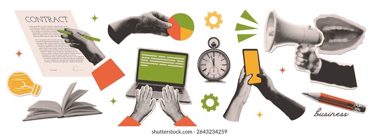 Big set of cut out paper elements of a halftone collage. Contemporary minimalistic business style. Hands working on a laptop, signing a contract, rising arrow chart. Ready to use elements. Vector