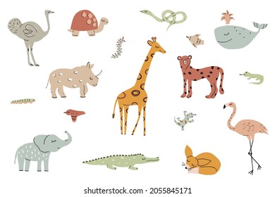 Big set Cute African animals. Ostrich, Rhino, Cheetah, Turtle, Elephant, Giraffe, Snake, Flamingo, Caterpillar, Lizard, fox, Crocodile. Isolated on white. Boho trendy illustration, hand drawn texture.