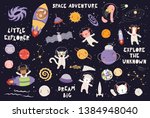 Big set of cute animal astronauts in space, with planets, stars, spaceships, quotes, on dark background. Hand drawn vector illustration. Scandinavian style flat design. Concept for children print.