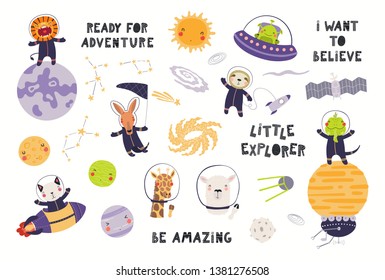 Big set of cute animal astronauts in space, with planets, stars. Isolated objects on white background. Hand drawn vector illustration. Scandinavian style flat design. Concept for children print.