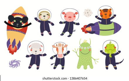 Big set of cute animal astronauts in space, with planets, stars. Isolated objects on white background. Hand drawn vector illustration. Scandinavian style flat design. Concept for children print.