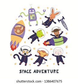 Big set of cute animal astronauts in space, with planets, stars. Isolated objects on white background. Hand drawn vector illustration. Scandinavian style flat design. Concept for children print.