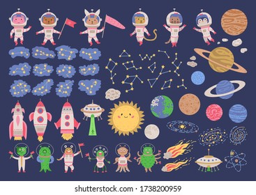 Big set of cute animal astronauts in space. Vector illustration. Collection of cosmonauts, planet, moon, star, rocket, aliens. Constructor of cosmos concept elements for children print