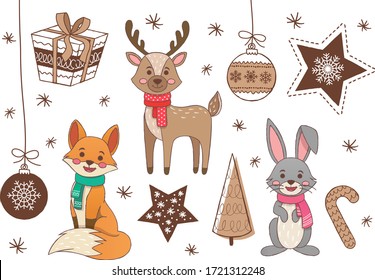 Big set of cute animal and christmas hand drawn art design elements baubles, gift, star. Woodland animals vector illustration