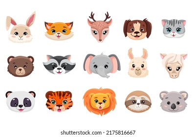 Big Set of cute animal face heads. Collection of baby characters in cartoon style. Vector illustration for nursery decor, children posters, birthday greeting cards, baby shower, textile printing