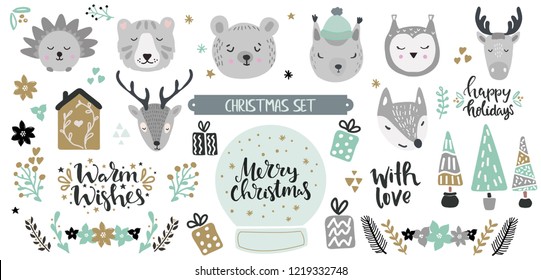 Big set of cute animal faces and christmas hand drawn lettering and clip art design elements. Woodland animals vector illustration