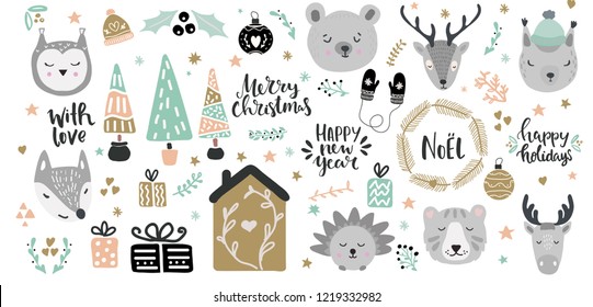 Big set of cute animal faces and christmas hand drawn lettering and clip art design elements. Woodland animals vector illustration