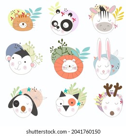 Big set of cute animal faces. Hand drawn characters. Vector illustration isolated on white background. Frog hedgehog cat zebra beaver llama lynx hippo elk tiger and other