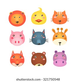 Big Set of Cute Animal Heads Vector Illustration
