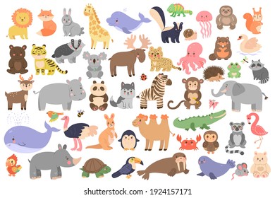 Gran grupo de lindos animales al estilo de las caricaturas aislados en fondo blanco. Gráficos vectoriales.