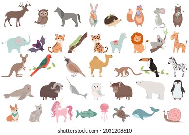 Big set with cute animals in cartoon style. Vector collection sea, wild and woodland animals in flat style.