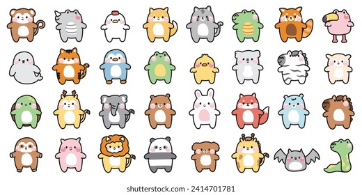 Big set of cute animals character cartoon design.Farm,rodent,reptile,wild,pet,bird animal hand drawn collection.Kid graphic.Kawaii.Vector.Illustration.