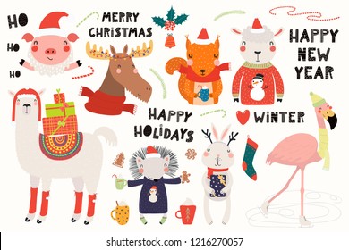 Big set with cute animals doing winter, Christmas activities, typography. Isolated objects on white background. Hand drawn vector illustration. Scandinavian style flat design. Concept for kids print.