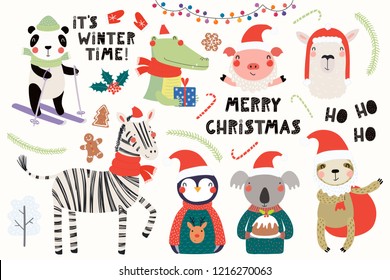 Big set with cute animals doing winter, Christmas activities, typography. Isolated objects on white background. Hand drawn vector illustration. Scandinavian style flat design. Concept for kids print.