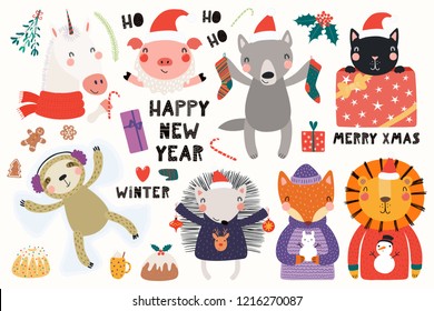 Big set with cute animals doing winter, Christmas activities, typography. Isolated objects on white background. Hand drawn vector illustration. Scandinavian style flat design. Concept for kids print.