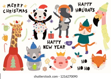 Big set with cute animals doing winter, Christmas activities, typography. Isolated objects on white background. Hand drawn vector illustration. Scandinavian style flat design. Concept for kids print.