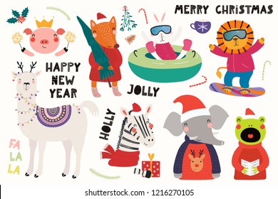 Big set with cute animals doing winter, Christmas activities, typography. Isolated objects on white background. Hand drawn vector illustration. Scandinavian style flat design. Concept for kids print.