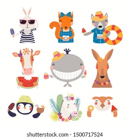 Big set with cute animals doing summer activities. Isolated objects on white background. Hand drawn vector illustration. Scandinavian style flat design. Concept for children print. Cartoon characters.