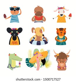 Big set with cute animals doing summer activities. Isolated objects on white background. Hand drawn vector illustration. Scandinavian style flat design. Concept for children print. Cartoon characters.