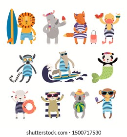 Big set with cute animals doing summer activities. Isolated objects on white background. Hand drawn vector illustration. Scandinavian style flat design. Concept for children print. Cartoon characters.