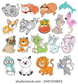 Gran conjunto con animales lindos. Elefante, perezoso, león, perro pug, flamenco, corgi, dragón, ratón, conejito, gato, búho y zorro sobre un fondo blanco aislado. Ilustración vectorial de animales de dibujos animados