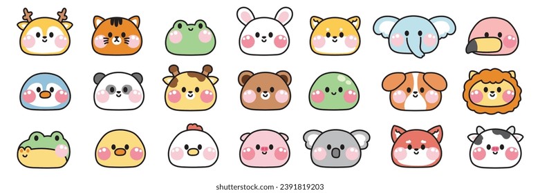 Big set cute animals face on white background.Zoo.Wild.Farm.Pet.Rodent.Reptile.Cartoon hand drawn collection.Baby graphic design.Kawaii.Vector.Illustration.