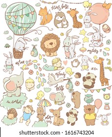 Big set with cute animals newborn baby