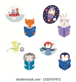 Big set with cute animals reading different books. Isolated objects on white background. Hand drawn vector illustration. Scandinavian style flat design. Concept for kids print, learning, imagination.