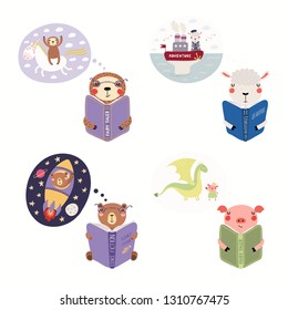 Big set with cute animals reading different books. Isolated objects on white background. Hand drawn vector illustration. Scandinavian style flat design. Concept children print, learning, imagination.