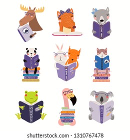 Big set with cute animals reading different books. Isolated objects on white background. Hand drawn vector illustration. Scandinavian style flat design. Concept for children print, learning.