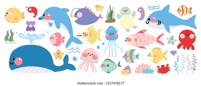 Big set of cute animals of sea creatures.Shell,crab,dolphin,shark,whale,fish ball,seahorse,octopus,jellyfish,starfish,coral,shrimp cartoon.Tropical summer.Vector.Illustration.