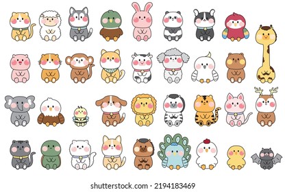 Big set of cute animals sit on white background.Pet,bird,wild,farm animal hand drawn collection.Kid graphic.Isolated.Kawaii.Vector.Illustration.