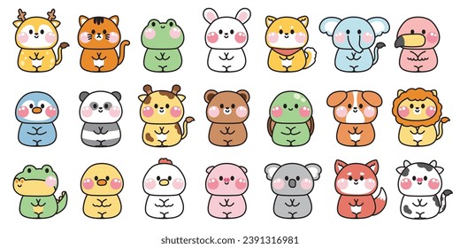 Big set cute animals sit on white background.Zoo.Farm.Pet.Rodent.Reptile.Cartoon hand drawn collection.Baby graphic design.Kawaii.Vector.Illustration.