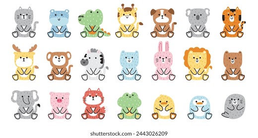 Conjunto grande de animales lindos pelo suave en posición de sitio. Diseño de dibujos animados de carácter animal. Gráfico infantil. Salvaje, roedor, reptil, colección de granja. Relax. Kawaii. Vector. Ilustración.