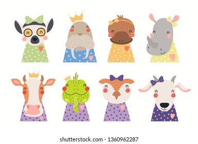 Big set of cute animals in t-shirts, crowns, ribbons. Isolated objects on white background. Hand drawn vector illustration. Scandinavian style flat design. Concept for children print.