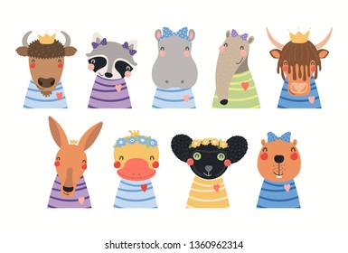 Big set of cute animals in t-shirts, crowns, ribbons, flower wrethes. Isolated objects on white background. Hand drawn vector illustration. Scandinavian style flat design. Concept for children print.