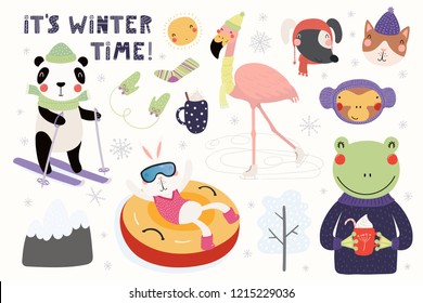 Big set with cute animals in winter, playing in the snow, skiing, tubing, skating. Isolated objects on white. Hand drawn vector illustration. Scandinavian style flat design. Concept for children print