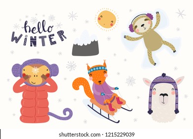 Big set with cute animals in winter, playing in the snow, sledding, making snow angel. Isolated objects on white . Hand drawn vector illustration. Scandinavian style flat design. Concept kids print.