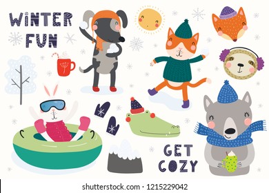 Big set with cute animals in winter, playing in the snow, tubing, having snowball fight. Isolated objects on white. Hand drawn vector illustration. Scandinavian style flat design. Concept kids print.