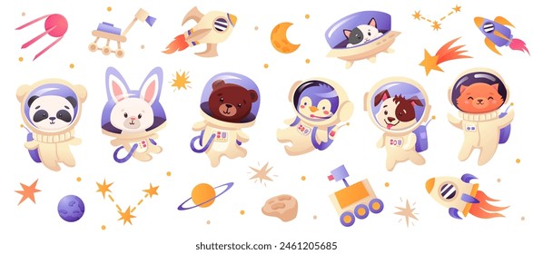 Gran conjunto de astronautas lindos animales en el espacio, con cohete, naves espaciales, planetas, estrellas sobre fondo blanco. Ilustración vectorial de dibujos animados.