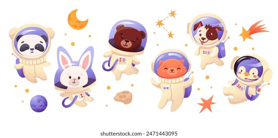 Gran conjunto de astronautas lindos animales en el espacio, con cohete, naves espaciales, planetas, estrellas sobre fondo blanco. Ilustración vectorial de dibujos animados