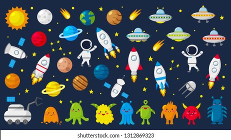 Big set of cute astronauts in space, planets, stars, aliens, rockets, UFO, constellations, satellite, moon rover. Vector illustration.