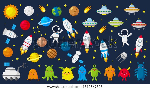 Big Set Cute Astronauts Space Planets Stock Vector Royalty Free