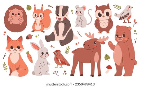 Big set of cute autumn animals, birds, plants. Fall season stickers and clipart. Thanksgiving design on white.