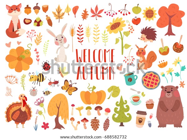 かわいい秋の動物 鳥 虫 植物 お菓子の大きなセット 白い背景に秋 のシーズンのステッカーとクリップアート 感謝祭のデザイン のベクター画像素材 ロイヤリティフリー