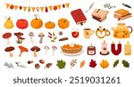 Big set of cute autumn elements - leaves, mushrooms, drinks, food, candles and books. Autumn season. Collection of elements for stickers, banners and other types of design.